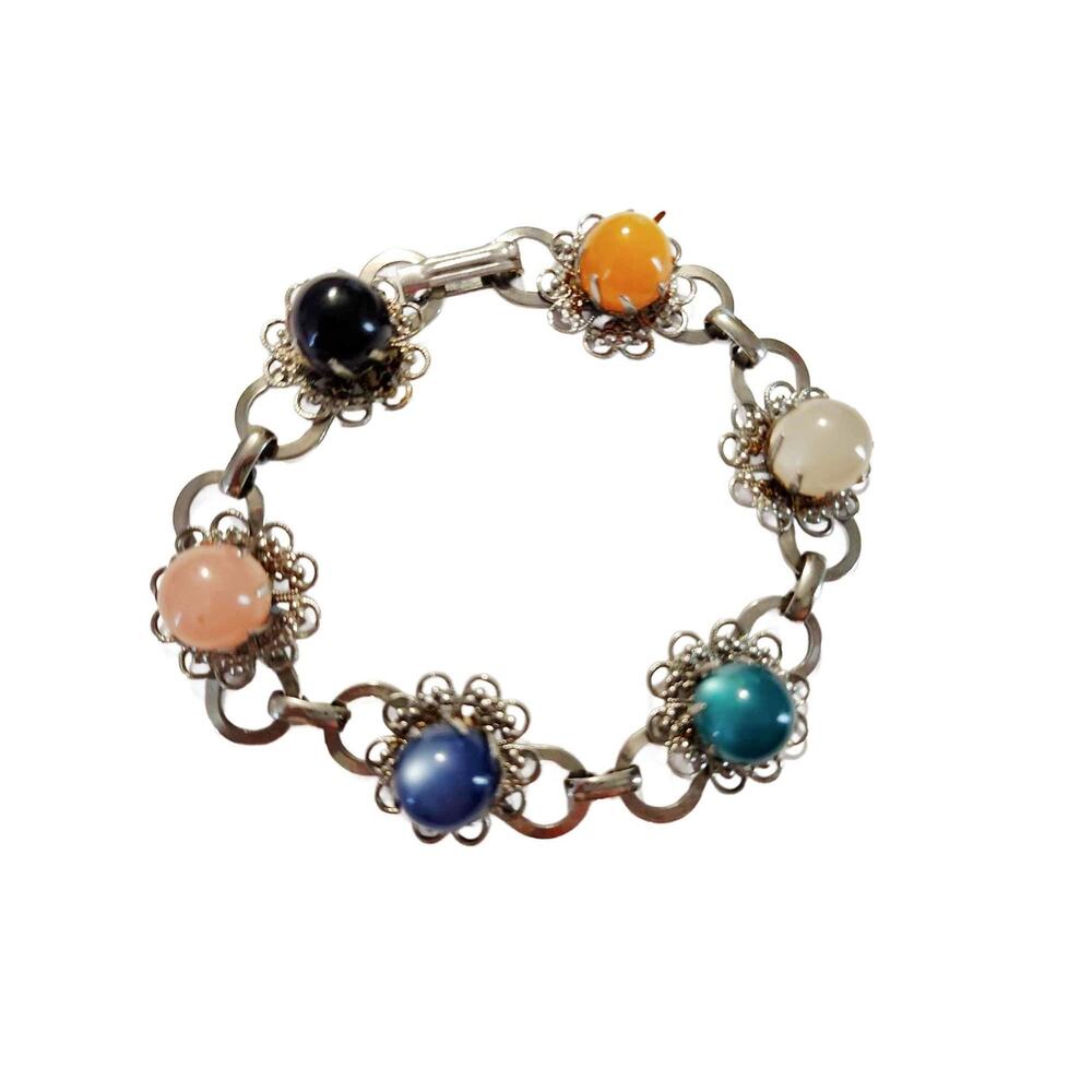 Vintage Silver Jewel Tone Lucite Cabochon Link Bracelet